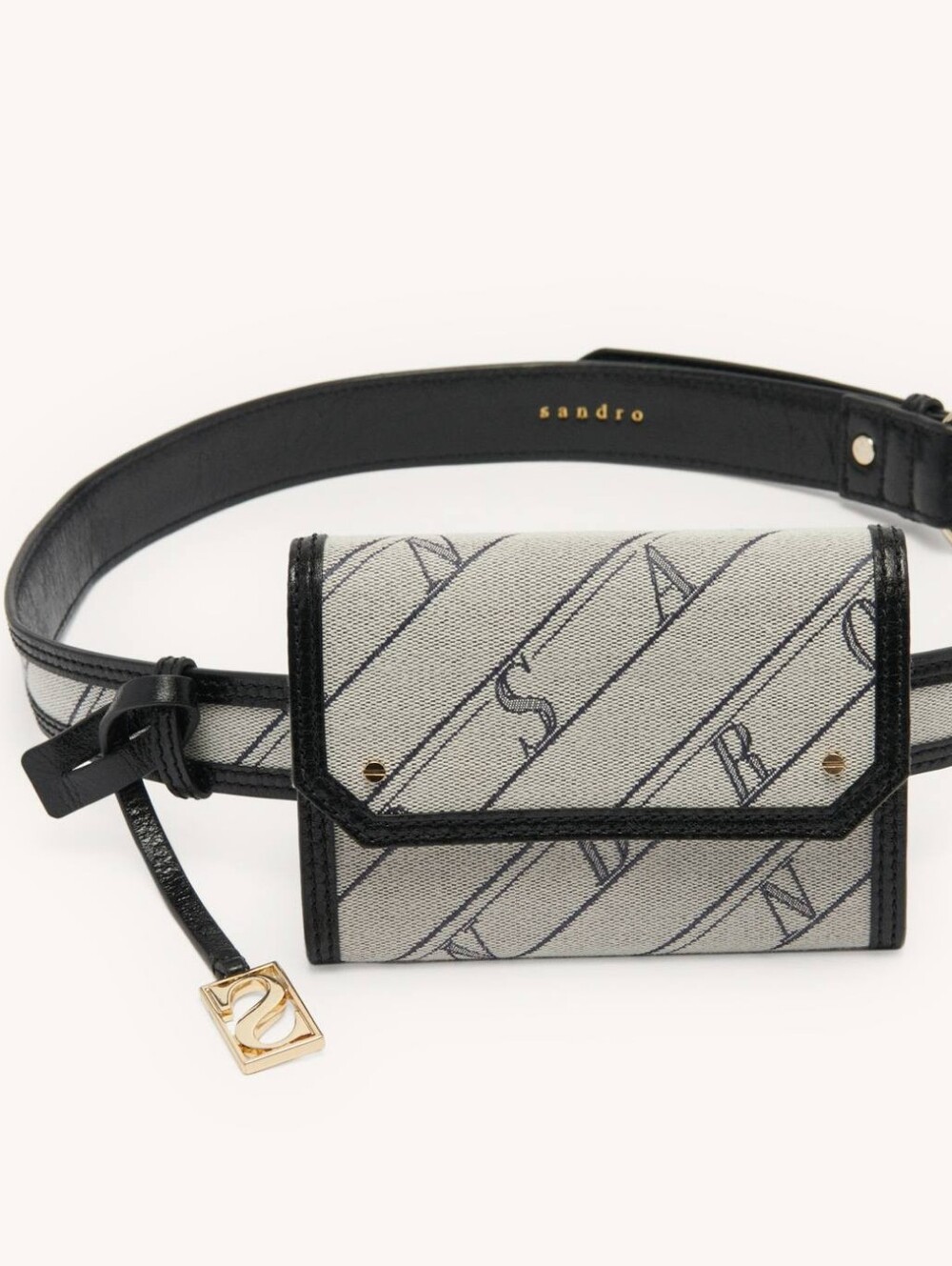 Luxury Sandro Paris Belt Wallet Bag OZ cow leather Belt Textile Gray Black Gold
